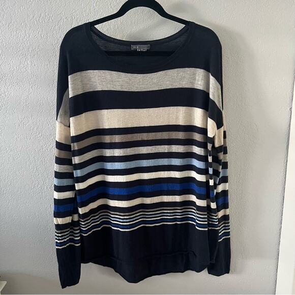 Vince Sweaters - Vince Navy Blue Striped Merino Wool Sweater